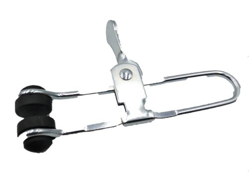 Silver HANDI-CLAMP with black rubber grips, featuring a lever mechanism for secure holding.