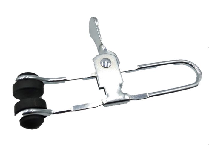 Silver HANDI-CLAMP with black rubber grips, featuring a lever mechanism for secure holding.