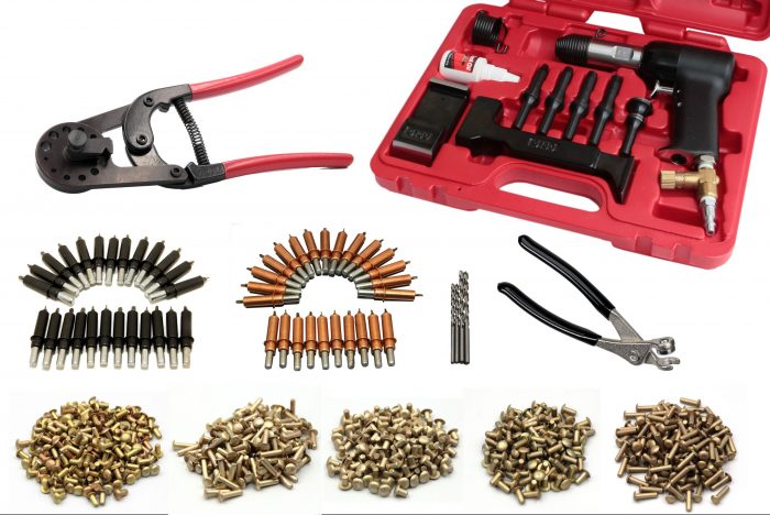 Airstream Buck Rivet Kit with various tools and rivets, including pliers, a red case with a drill and attachments, and piles of rivets in different sizes and colors.