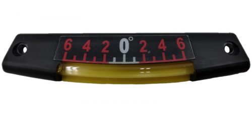 Black inclinometer with a yellow fluid-filled tube, displaying a scale from -6 to 6 degrees, centered at 0. The numbers are red on a black background, with mounting holes on each side.