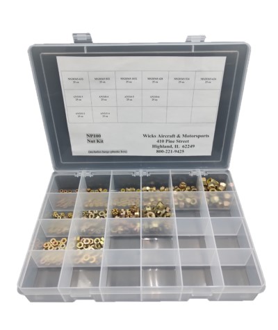 Clear plastic organizer labeled "Nut Kit" containing assorted metal nuts in various compartments. A chart is visible on the inside of the lid, detailing nut sizes and specifications.