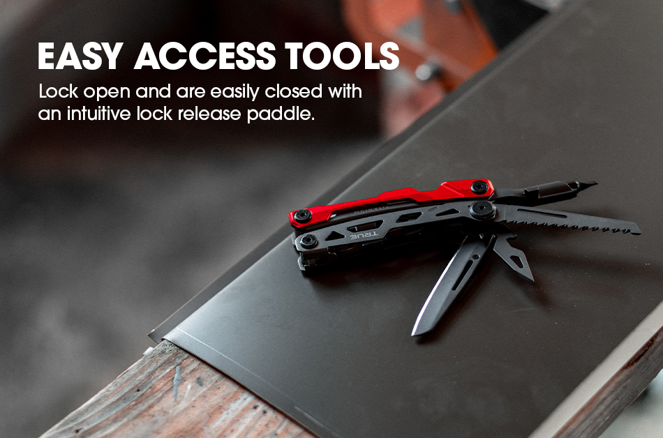 Titanium Multi-Tool with red and black handles, featuring various open tools, rests on a metal surface. Text above reads "Easy Access Tools" and describes intuitive lock release.