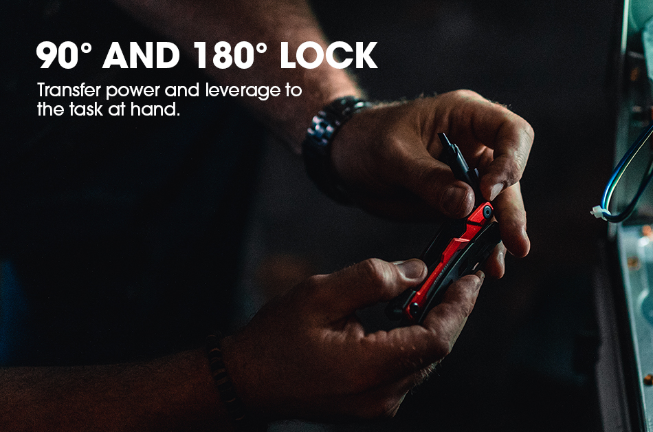 Hands holding a Titanium Multi-Tool in a dimly lit setting, demonstrating its 90° and 180° lock feature. Text on the image reads: "90° and 180° Lock. Transfer power and leverage to the task at hand."
