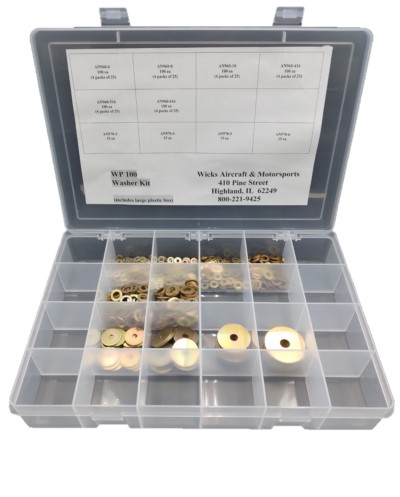 Plastic organizer box labeled "Washer Kit" containing various sizes and types of metal washers in individual compartments.