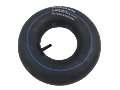 A black rubber inner tube labeled "5″ Tubes" with a blue stripe around its circumference. A valve stem protrudes from one side, indicating it's ready for inflation.