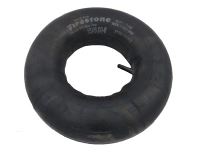 A black rubber inner tube labeled "Firestone" with a valve stem, suitable for a 6" tire.