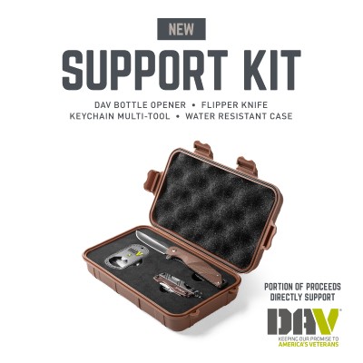 DAV Support Kit featuring a brown water-resistant case with a flipper knife, bottle opener, and keychain multi-tool. Text indicates a portion of proceeds supports veterans.