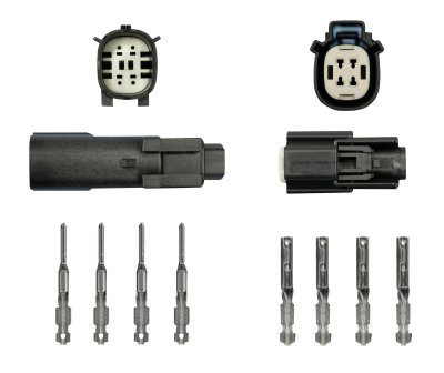 4-PIN MOLEX CONNECTOR components, including a black outer casing, internal connectors, and individual metal pins. The image shows both assembled and disassembled views of the connector.