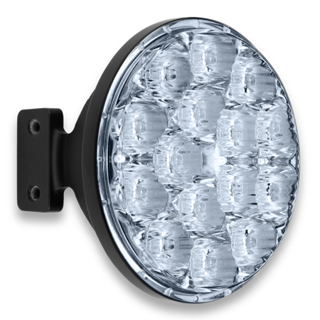 Round LED light with a grid of 12 lenses, mounted on a black bracket. The design is sleek and modern, suitable for aviation use, specifically as a SUNSPOT PCX PILATUS TAXI LIGHT.