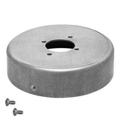 Round metal adapter mount cup with a central hole and several smaller holes, labeled "SUNBEACON II 3.75″ ADAPTER MOUNT CUP." Two screws are placed nearby.