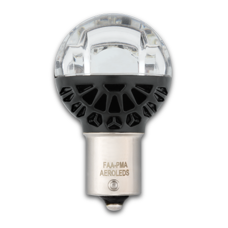 A close-up of the SUNBEACON II 3.75″ adapter mount cup, featuring a clear, dome-shaped top with a metallic base labeled "FAA-PMA AEROLEDS." The design includes intricate vent-like details below the dome.