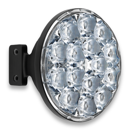 Round SunSpot PCX Pilatus landing light with a grid of multiple LED bulbs, mounted on a black bracket.