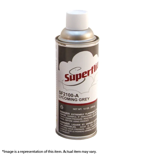 A can of Superflite Engine Enamel aerosol in Lycoming Grey. The label features a cloud design with safety and usage instructions. Note at the bottom states the image is a representation and the actual item may vary.
