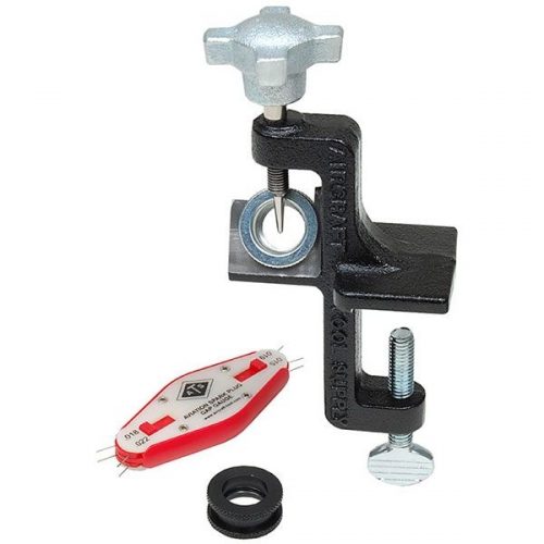 Spark Plug Gapper & Gap Gauge set includes a metal gapper tool with adjustable knob, a red and white gap gauge, and a small black ring. Ideal for precise spark plug adjustments.