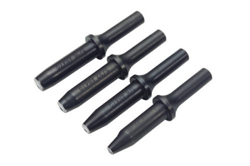 Four black rivet tool attachments from the Economy Rivet Tool Set, arranged in a row on a white background.