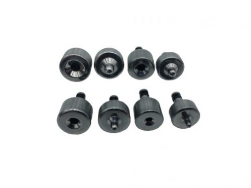 Eight black metal components from the Economy Rivet Tool Set are arranged in two rows on a white background.