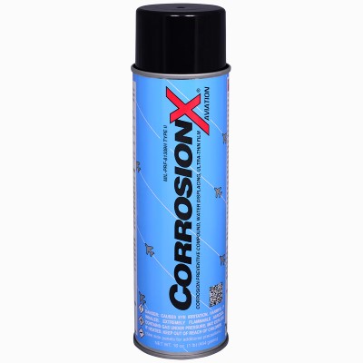 A can of Corrosion-X with a blue label and black cap. The label features bold text and a red "X", indicating its use as a corrosion prevention product.
