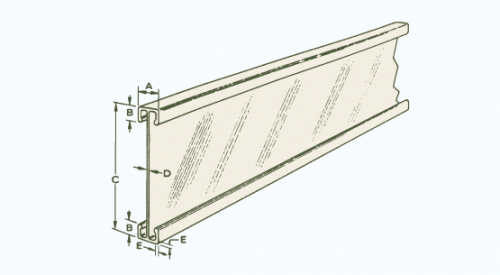 Diagram of an extruded aluminum spar material with labeled dimensions A through E, showing a cross-sectional view. The spar features a hollow rectangular shape with reinforced edges, illustrating structural design details.