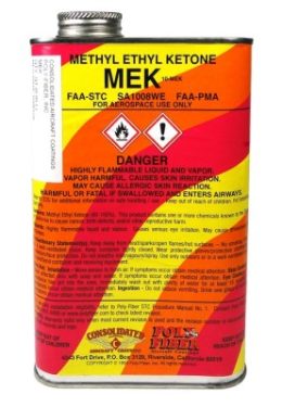 A metal can of Poly-Fiber MEK, labeled "Methyl Ethyl Ketone," with safety warnings and hazard symbols. The can has a colorful design with red, orange, and yellow swirls.