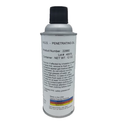 A can of R.E.S. Penetrating Oil with a black cap. The label includes product information such as product number, lot number, and net weight of 12 ounces. The bottom of the label features a small American flag and a "Made in the USA" note.