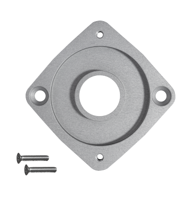 Square metal plate with a central circular cutout and four corner screw holes, accompanied by two screws. Part of the SunTail 90° Adapter Mount Kit.