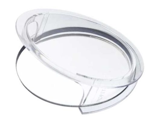 A clear, oval-shaped POPIT-S device with a smooth surface and a curved edge, designed for tactile engagement. It features a transparent design, allowing visibility of the inner structure. The background is plain, emphasizing the product.