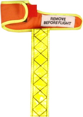 The image shows a HiViz Pitot Tube Cover and Streamer. It is bright orange with a yellow border and features a "REMOVE BEFORE FLIGHT" label. The attached streamer is yellow with reflective elements for visibility.