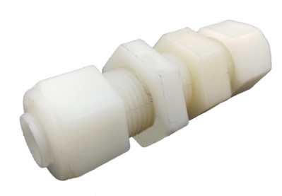 Nylon bulkhead fitting featuring a cylindrical shape with hexagonal ends, designed for secure connections. The fitting is primarily white and consists of three interconnected sections, ideal for plumbing and fluid transfer applications.
