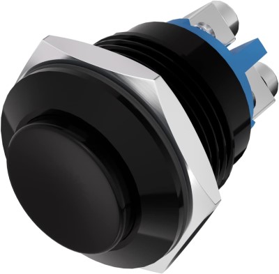 Image of a "Push to Talk Switch," featuring a round black button with a metallic base and blue connectors. The switch is designed for communication devices, offering a tactile interface for activating a talk function.