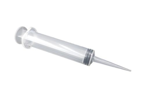 Image of a clear polyethylene syringe with a plunger and tapered nozzle, set against a white background.