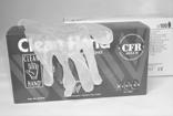 A box of clear hand gloves labeled "Clean Hand" with one glove partially removed and draped over the box. The packaging features text and symbols indicating the gloves are disposable and latex-free.