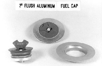 Three components of a 2-inch flush aluminum fuel cap are displayed: a cap with a latch, a circular base, and a ring. The label above reads "2'' Flush Aluminum Fuel Cap."