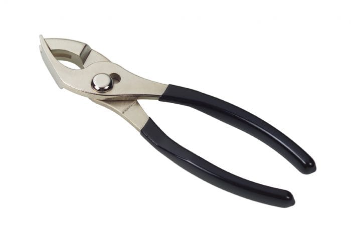 Silver pliers with black rubber grips, shown against a white background.