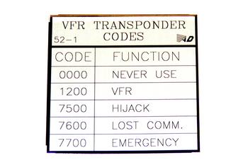 Table of VFR transponder codes: 0000 for never use, 1200 for VFR, 7500 for hijack, 7600 for lost communication, 7700 for emergency.