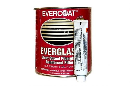 Red can of Evercoat Everglass Short Strand Fiberglass Reinforced Filler, with a small white tube of hardener leaning against it.