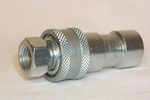 A metal hydraulic quick-connect fitting with a knurled section for grip, featuring a hexagonal nut on one end and a smooth cylindrical body. The fitting is designed for secure and easy attachment in hydraulic systems.