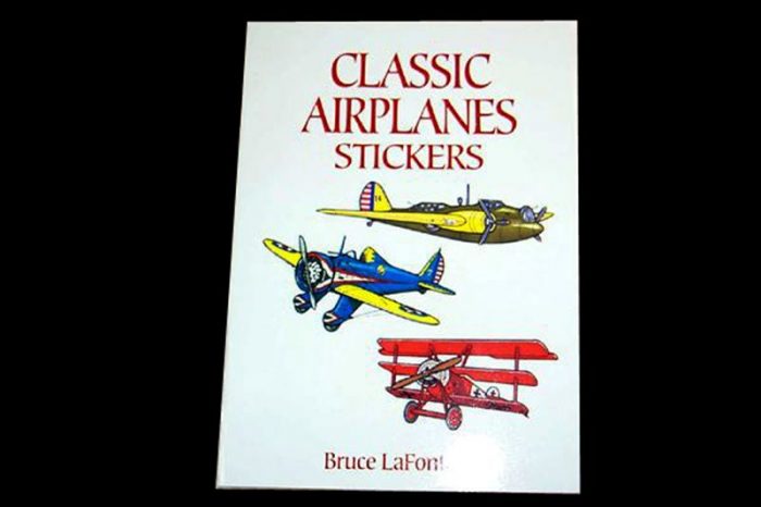 Cover of "Classic Airplanes Stickers" by Bruce LaFont, featuring illustrations of three vintage airplanes: a yellow, a blue, and a red biplane against a white background.