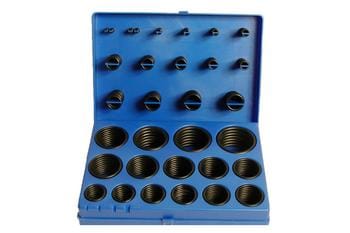A blue plastic case containing an assortment of black O-rings of various sizes, organized neatly in compartments. The case is open, displaying the O-rings in rows.
