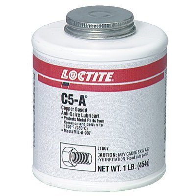 A white container of Loctite C5-A copper-based anti-seize lubricant with a metal screw cap. The label includes product details, cautionary text about eye irritation, and a graphic of a bolt. Net weight is 1 lb (454g).