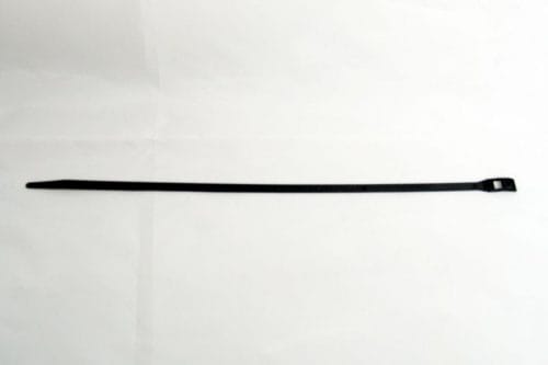 A black cable tie on a plain white background.