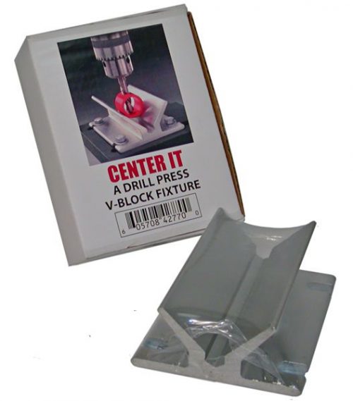 Box with an image of a drill press using a V-block fixture, labeled "Center It." The V-block fixture is displayed in front of the box, showing its V-shaped groove for holding cylindrical objects.