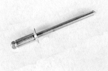 A metal pop rivet with a round head and a long shaft, resting on a plain white surface.