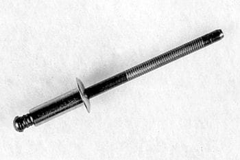 Close-up of a black pop rivet on a white background. The rivet has a cylindrical body with a flared end and a long, thin shaft.