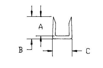 Diagram of a U-shaped channel with labeled dimensions: A indicates the height, B the width, and C the depth. Arrows point to each dimension for clarity.