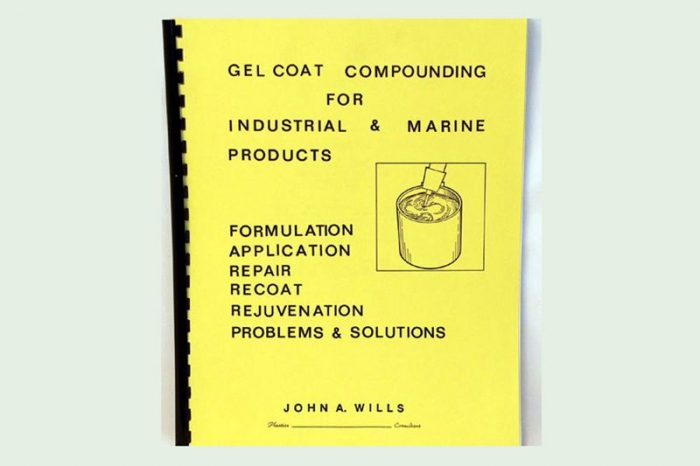 Yellow book cover titled "Gel Coat Compounding for Industrial & Marine Products" with topics like formulation, application, repair, and solutions. An illustration of a mixing container is on the cover. Author: John A. Wills.
