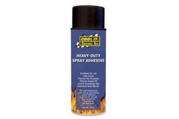 A can of heavy-duty spray adhesive with a black cap and a blue label. The label includes the brand "Cool It" and mentions its use for thermal protection and soundproofing. Flames are illustrated at the bottom of the label.