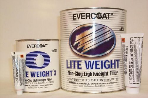 Three containers of Evercoat Lite Weight Non-Clog Lightweight Filler are displayed: a large can, a smaller can, and two tubes. The labels feature a blue and white design with product details.