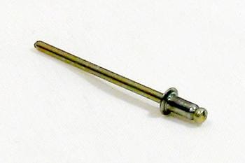 A metal rivet with a long cylindrical shaft and a rounded head, resting on a white surface.