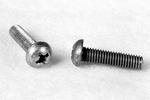 Two metal screws on a white surface, one standing upright and the other lying horizontally. Both have Phillips heads and threaded bodies.