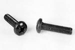 Two black screws on a white background, one lying flat and the other standing upright.